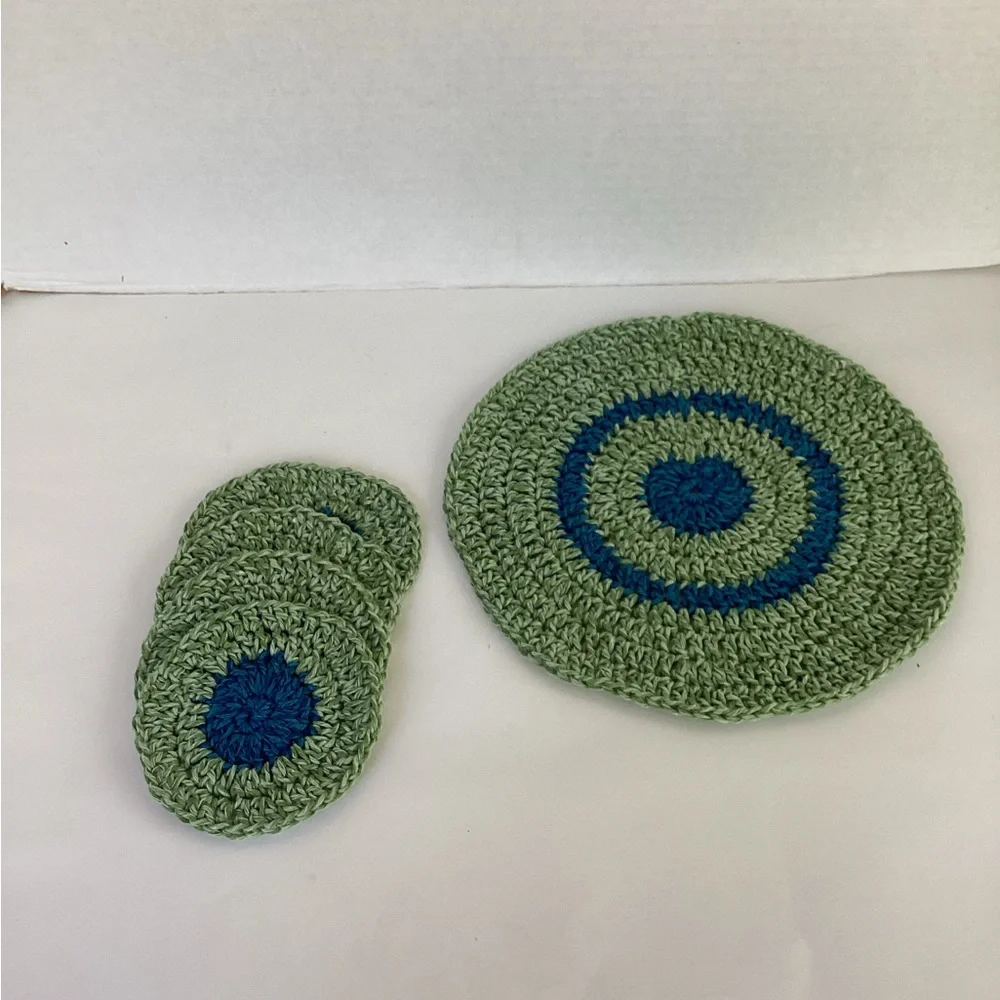 Doily Coaster Set Hand Crafted Green Boho Blue Bar Cart Accessory